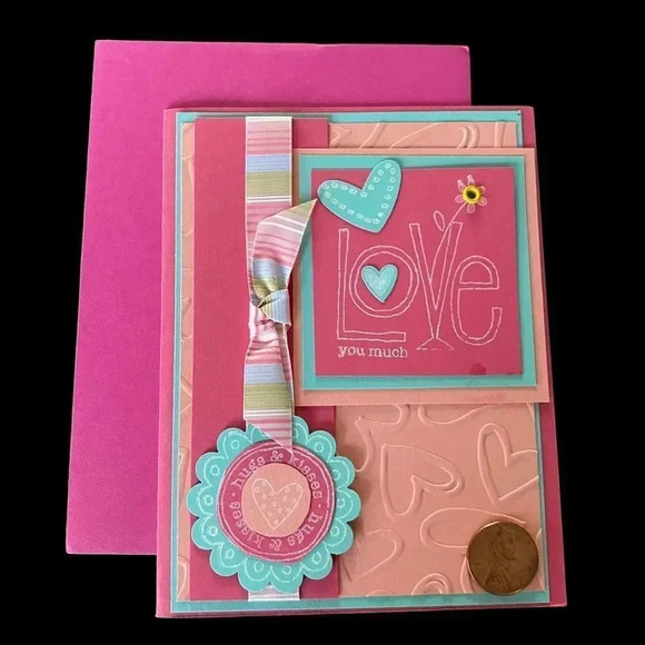 handmade Other - HANDMADE “LOVE you much” Greeting Card  & Env. Hearts Ribbons Flower Hugs Kisses